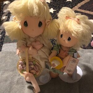 Precious Moments Blonde Girls in Pastel Pink and Cream Dresses